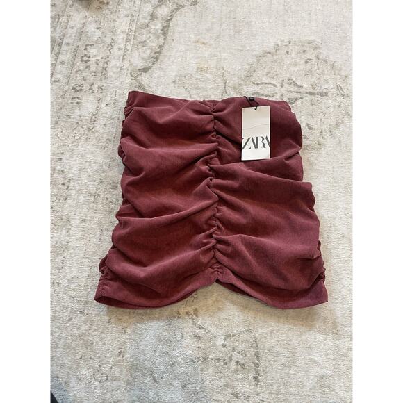 Zara Women Medium Dusty Pink Corduroy High Rise Ruched Draped‎ Mini Skirt NWT - Picture 1 of 5